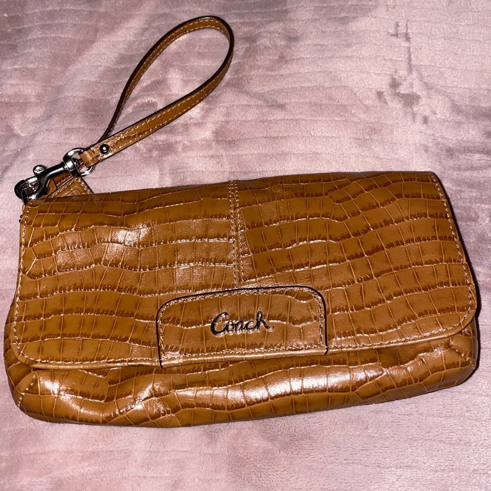 Coach Croc-Embossed Wristlet in Cognac Brown